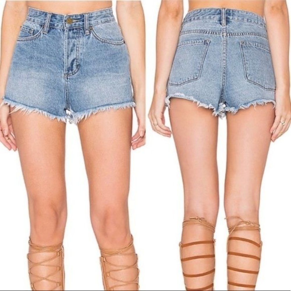 Amuse Society Revolve High Waisted Rigid Button Fly  Raw Hem Jean Shorts